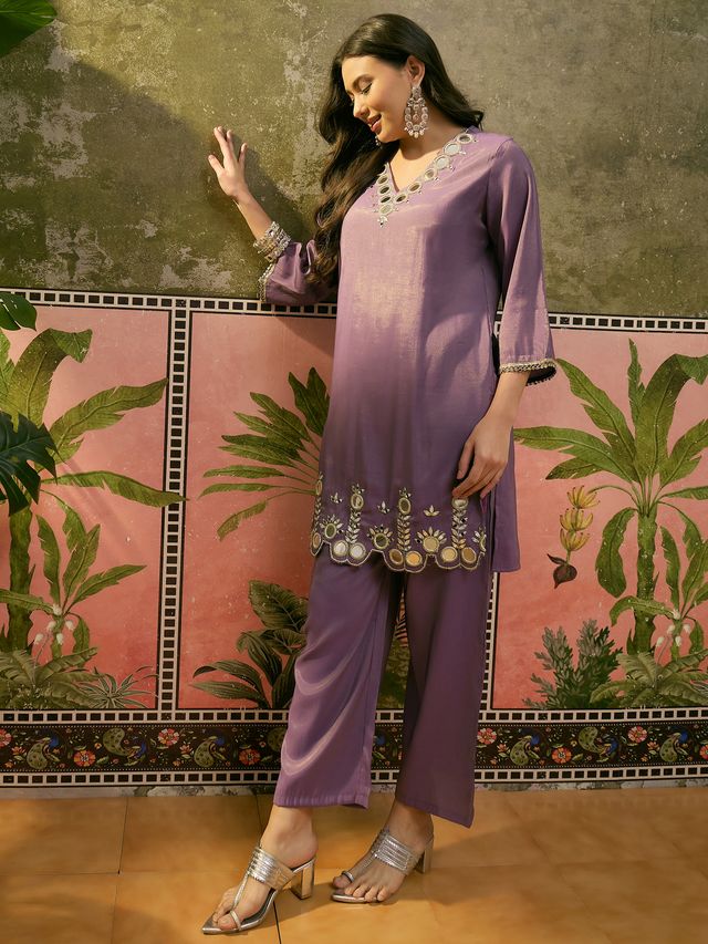 Purple Embroidered & Mirror Work Straight Tunic  With Trousers Co-Ords Set