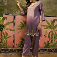Purple Embroidered & Mirror Work Straight Tunic  With Trousers Co-Ords Set