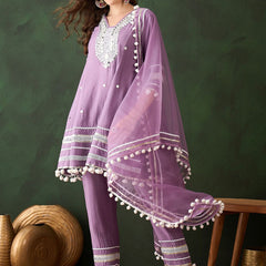 Embroidered Anarkali Kurta & Trousers With Dupatta
