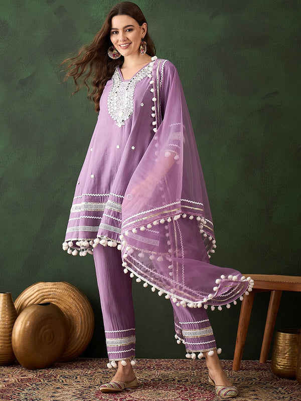 Purple Floral Embroidered Mirror Work A-Line Kurta With Trousers & Dupatta