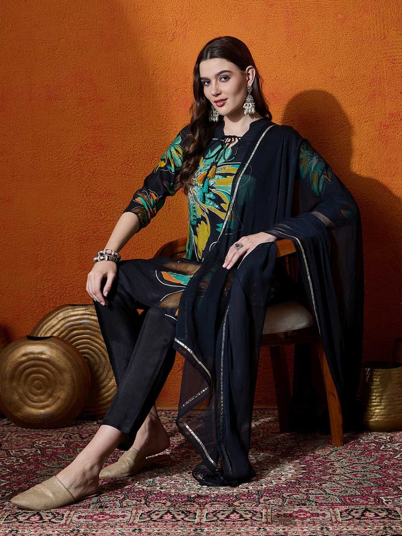 Floral Embroidered Sequinned Kurta With Trouser And Dupatta