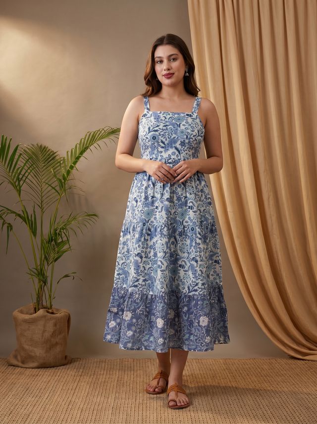 Indigo Blue Floral Printed Tired Anarkali Kurta With Jacket
