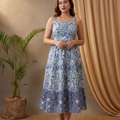 Indigo Blue Floral Printed Tired Anarkali Kurta With Jacket
