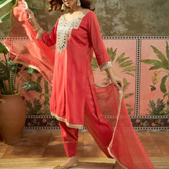 Floral Embroidered & Sequin Work Kurta With Farshi Salwar & Dupatta Kurta Set