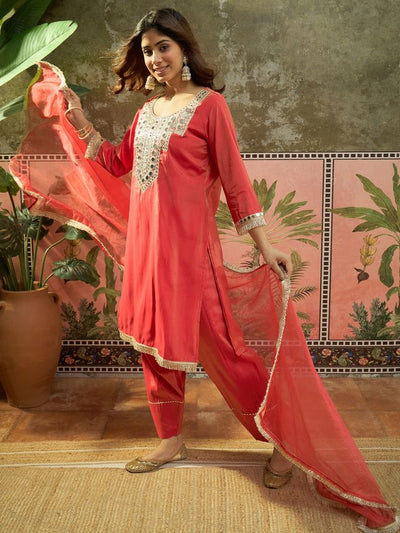 Floral Embroidered & Sequin Work Kurta With Farshi Salwar & Dupatta Kurta Set
