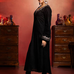 Black Embroidered Yoke Design Velvet Straight Kurta With Trousers & Dupatta Kurta Set