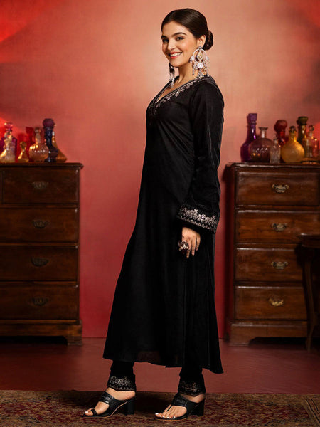 Black Embroidered Yoke Design Velvet Straight Kurta With Trousers & Dupatta Kurta Set
