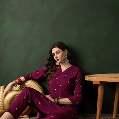Burgundy Floral Printed V-Neck Straight Kurta With Trousers