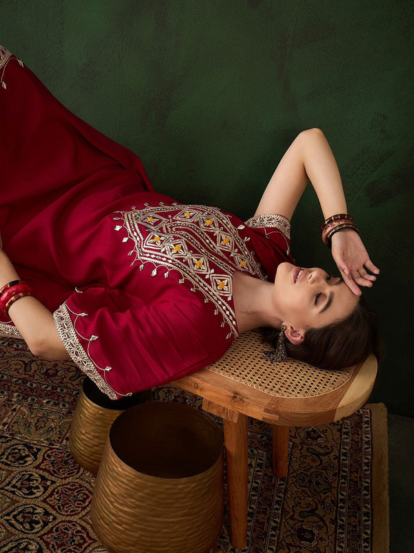 Floral Embroidered & Mirror Work Kaftan Kurta With Trousers