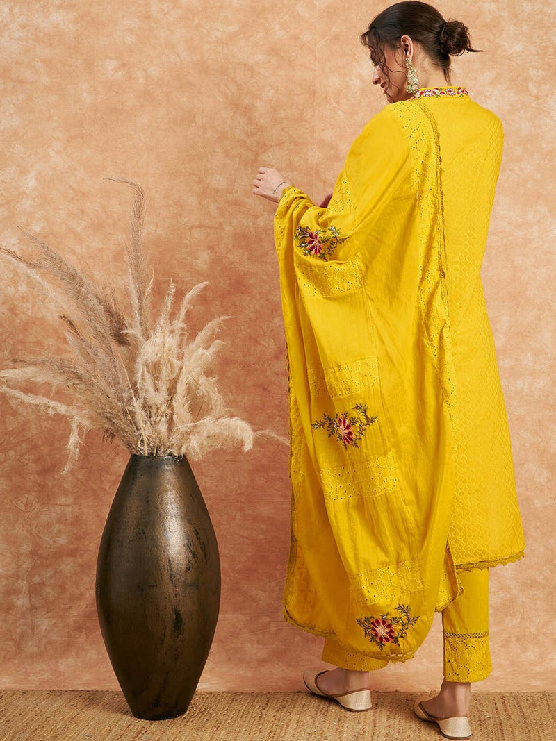 Floral Embroidered Pure Cotton Straight Kurta With Trouser & Dupatta