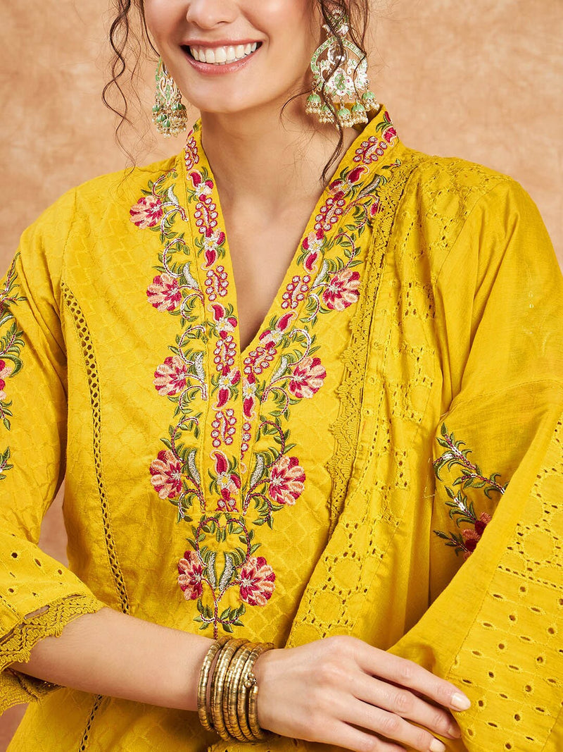Floral Embroidered Pure Cotton Straight Kurta With Trouser & Dupatta