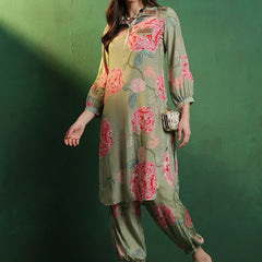 Floral Printed Shirt Collar Mirror Work Pathani Kurta & Trousers