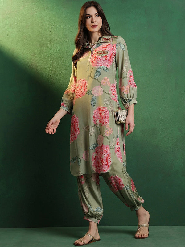 Floral Printed Shirt Collar Mirror Work Pathani Kurta & Trousers