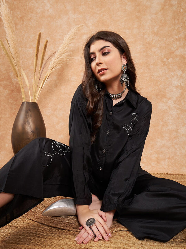 Embroidered Viscose Silk Oversized Shirt With Palazzo Co-Ords