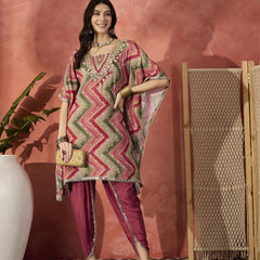 Chevron Printed Mirror Work V-Neck Kaftan Kurta Set