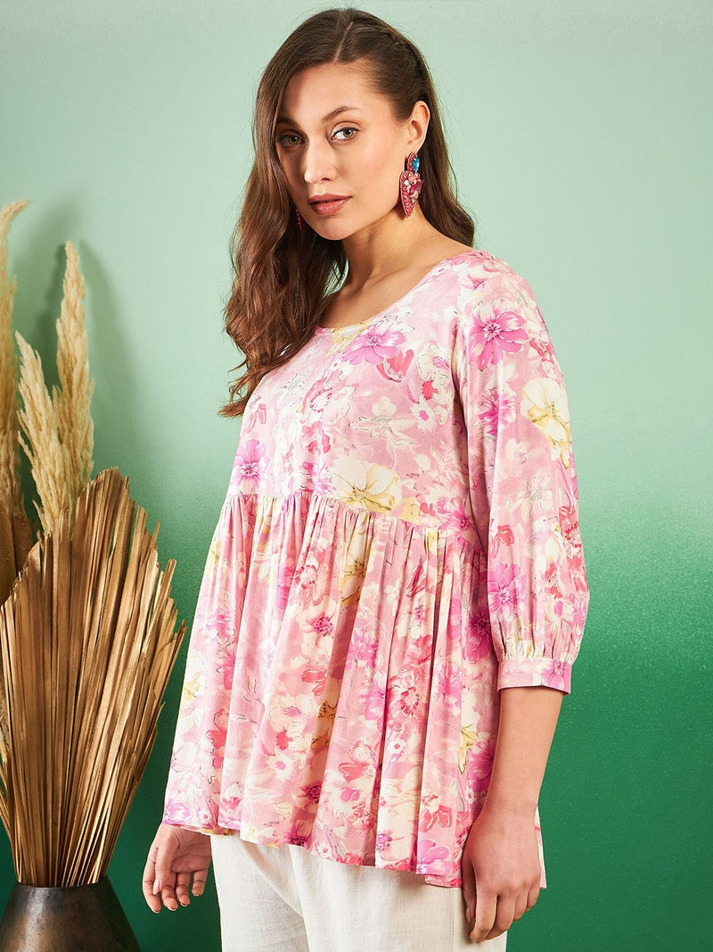 Floral-Printed Pleated Round Neck Kurti