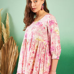 Floral-Printed Pleated Round Neck Kurti