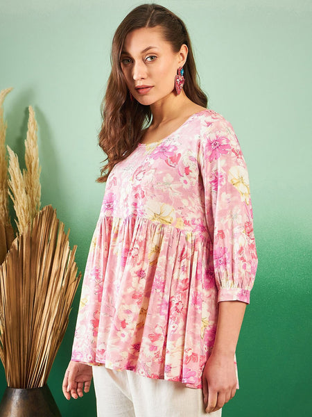Floral-Printed Pleated Round Neck Kurti