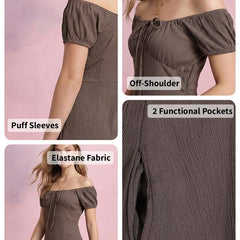 Brown Off-Shoulder A-Line Midi Dress