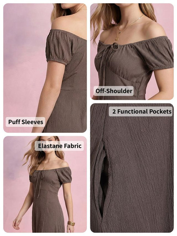 Brown Off-Shoulder A-Line Midi Dress