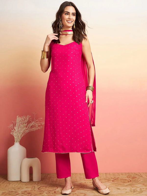 Embroidered Shoulder Straps Straight Kurta With Trousers & Dupatta
