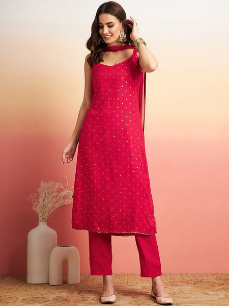 Embroidered Shoulder Straps Straight Kurta With Trousers & Dupatta