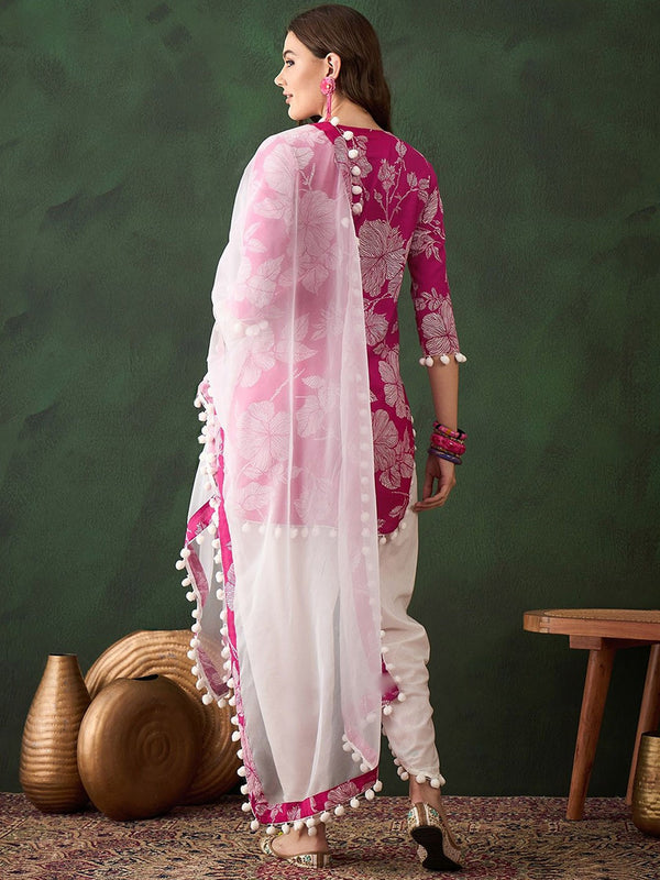 Pink Floral Printed Mirror Work Straight Kurti With Dhoti Pants & Dupatta