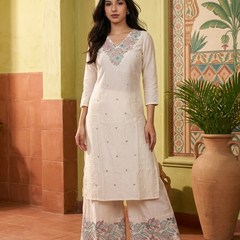 Floral Embroidered Thread Work Straight Kurta With Trousers