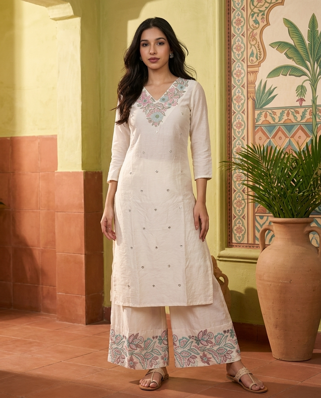 Floral Embroidered Thread Work Straight Kurta With Trousers