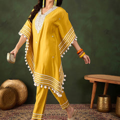 Yellow Geometric Embroidered Mirror Work Roman Silk Kurta With Trouser