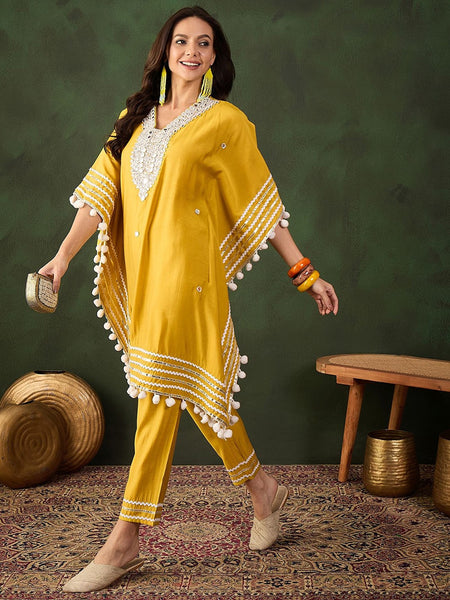 Yellow Geometric Embroidered Mirror Work Roman Silk Kurta With Trouser