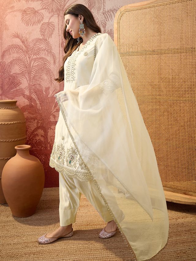 Off White Floral Embroidered & Sequin Work  Kurta With Trouser & Dupatta Kurta Set