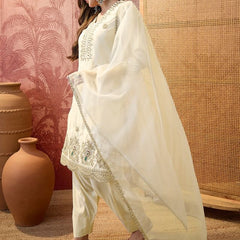 Off White Floral Embroidered & Sequin Work  Kurta With Trouser & Dupatta Kurta Set