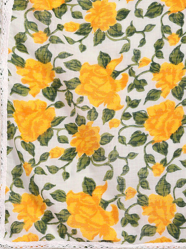 Women Yellow Floral Printed Lace Inserts Pure Cotton Kurta with Sharara & Dupatta