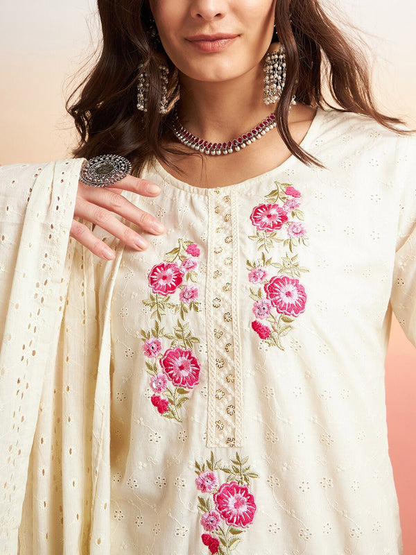 Pure Cotton Floral Embroidered Straight Kurta With Trousers & Dupatta