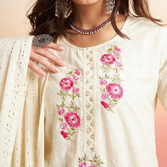 Floral Embroidered Pure Cotton Straight Kurta With Trouser & Dupatta