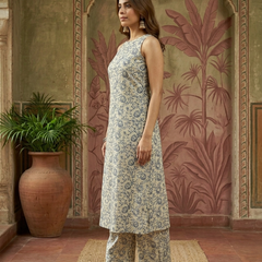 Pink Floral Printed Sleeveless A-Line Kurta With Palazzo Kurta Set