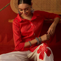 Rust Self Design Shirt Collar Tunic & Trouser Co-Ords