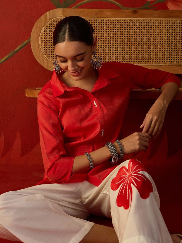 Rust Self Design Shirt Collar Tunic & Trouser Co-Ords