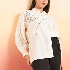 Embroidered Oversized Shirt Style Longline Top