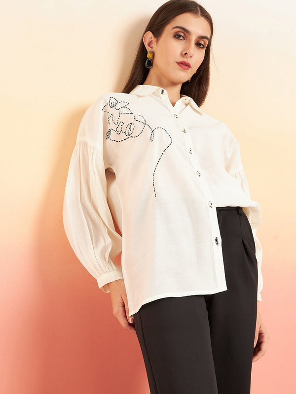 Embroidered Oversized Shirt Style Longline Top