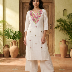 Floral Embroidered Thread Work Straight Kurta With Trousers