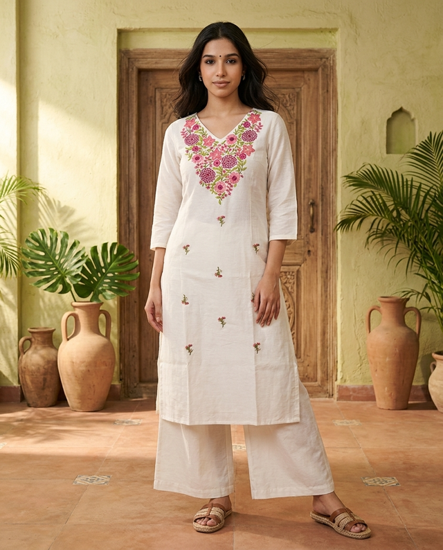 Floral Embroidered Thread Work Straight Kurta With Trousers