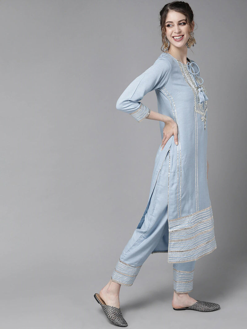 Powder Ethnic Motifs Embroidered Gotta Patti Kurta with Trousers & DupattaKurta Set
