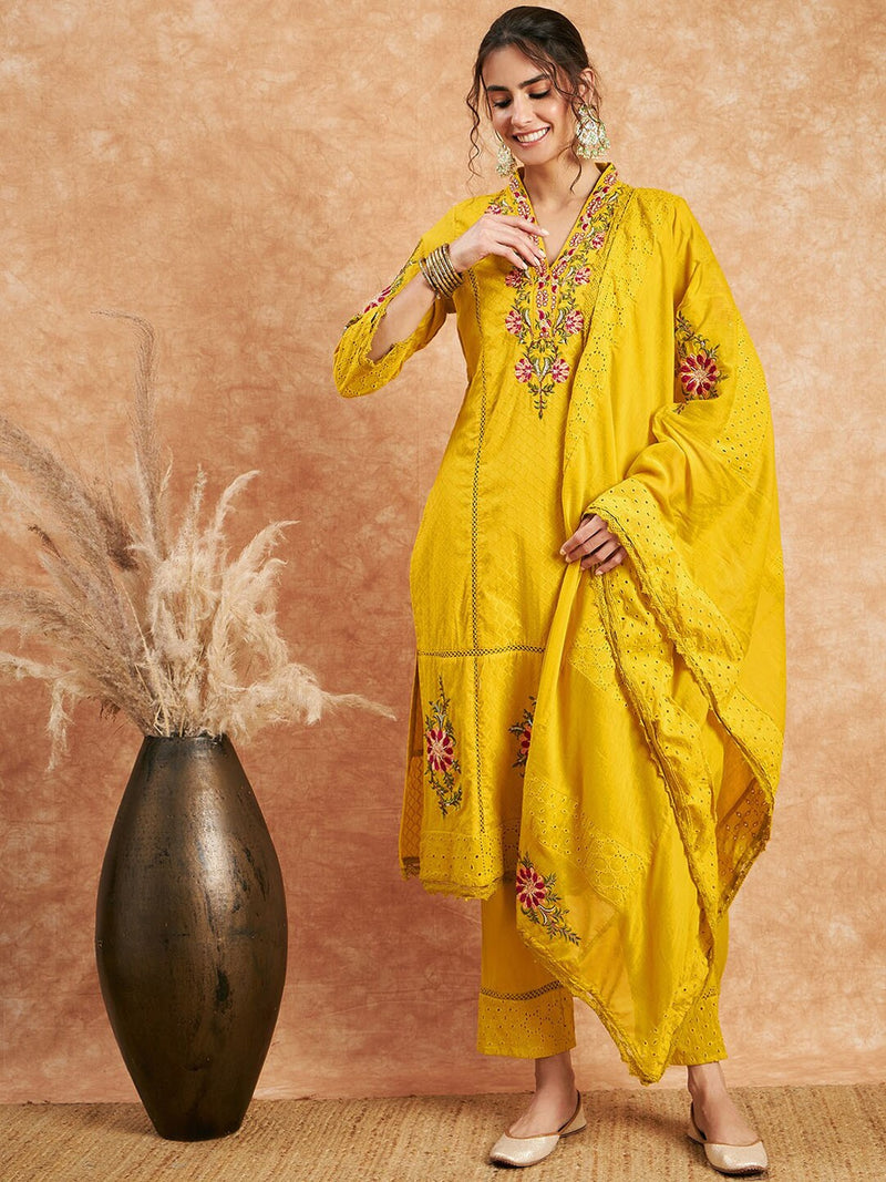 Floral Embroidered Pure Cotton Straight Kurta With Trouser & Dupatta