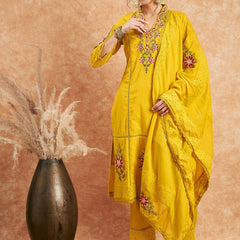 Floral Embroidered Pure Cotton Straight Kurta With Trouser & Dupatta
