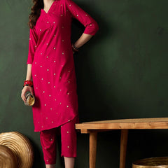 Pink Floral Printed V-Neck Straight Kurta With Trousers