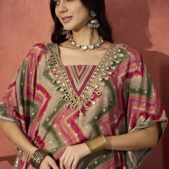 Chevron Printed Mirror Work V-Neck Kaftan Kurta Set