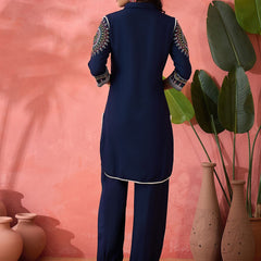 Navy Blue Ethnic Motifs Embroidered Shirt Collar Pathani Kurta With Trouser