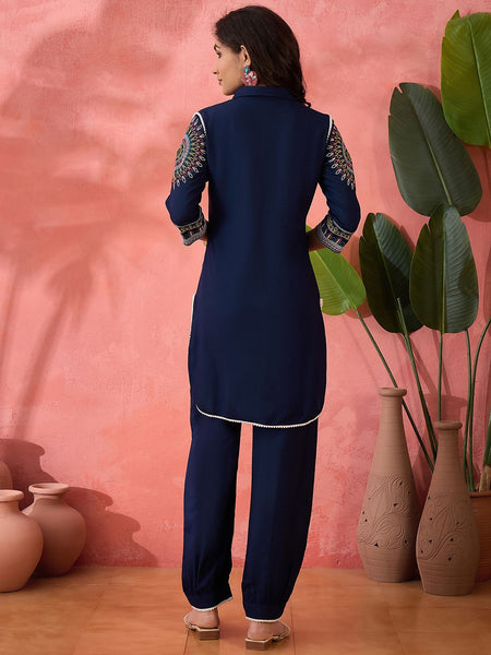 Navy Blue Ethnic Motifs Embroidered Shirt Collar Pathani Kurta With Trouser